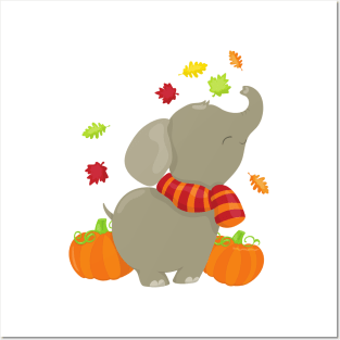 Autumn Elephant, Autumn Leaves, Pumpkin, Scarf Posters and Art